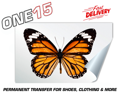 ORANGE BUTTERFLY PERMANENT FULL COLOR HEAT ACTIVATED TRANSFER FOR LEATHER, FABRIC, CLOTHING ETC