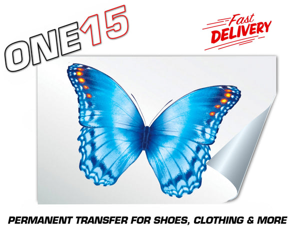 SKY BLUE BUTTERFLY PERMANENT FULL COLOR HEAT ACTIVATED TRANSFER FOR LEATHER, FABRIC, CLOTHING ETC