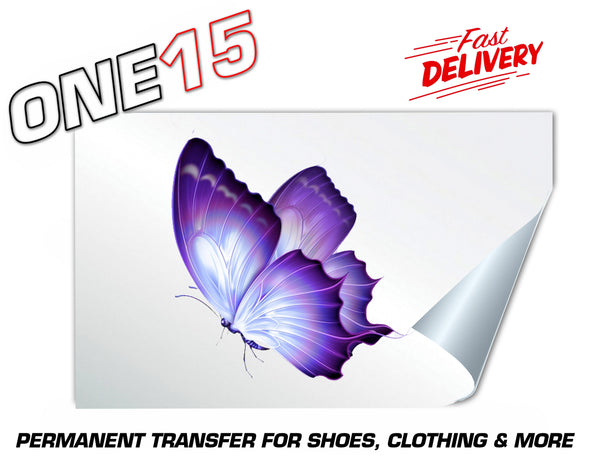 SIDE PURPLE BUTTERFLY PERMANENT FULL COLOR HEAT ACTIVATED TRANSFER FOR LEATHER, FABRIC, CLOTHING ETC