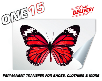 RED BUTTERFLY PERMANENT FULL COLOR HEAT ACTIVATED TRANSFER FOR LEATHER, FABRIC, CLOTHING ETC