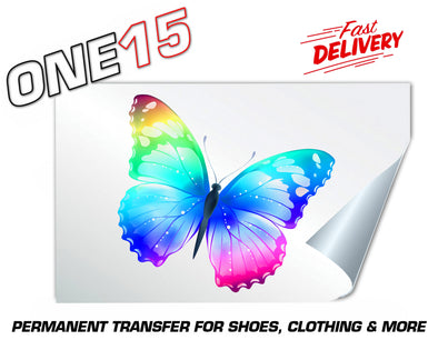 RAINBOW BUTTERFLY PERMANENT FULL COLOR HEAT ACTIVATED TRANSFER FOR LEATHER, FABRIC, CLOTHING ETC