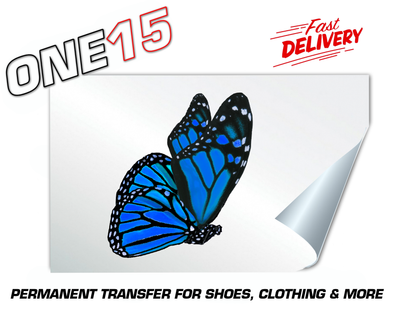 SIDE PROFILE BLUE BUTTERFLY PERMANENT FULL COLOR HEAT ACTIVATED TRANSFER FOR LEATHER, FABRIC, CLOTHING ETC
