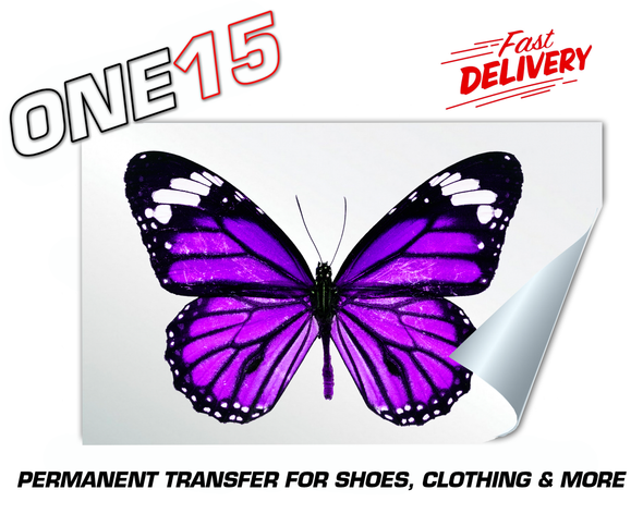 PURPLE BUTTERFLY PERMANENT FULL COLOR HEAT ACTIVATED TRANSFER FOR LEATHER, FABRIC, CLOTHING ETC