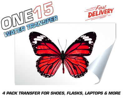 RED BUTTERFLY FULL COLOR WATER ACTIVATED TRANSFER FOR SHOES, FLASKS, CUPS, LAPTOPS ETC