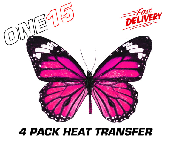 PINK BUTTERFLY PREMIUM FULL COLOR HEAT ACTIVATED TRANSFER FOR LEATHER, FABRIC, WOOD, PLASTIC, GLASS ETC