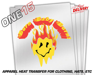 BURN BABY FULL COLOR CLOTHING HEAT TRANSFER FOR SHIRTS, HOODIES, HATS ETC